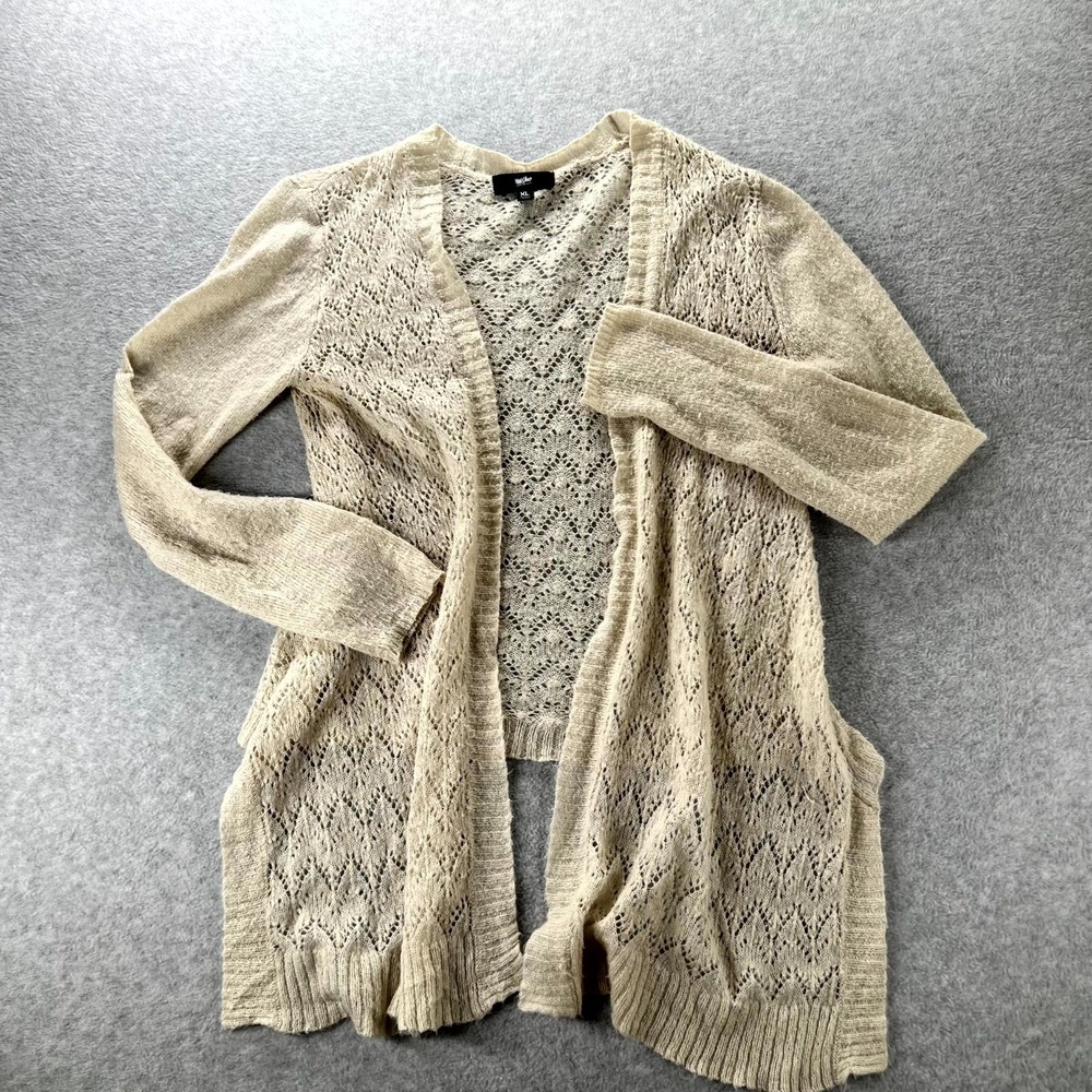 Mossimo Cardigan Sweater Womens XL Beige Textured Ribbed Crochet Knit Open Front